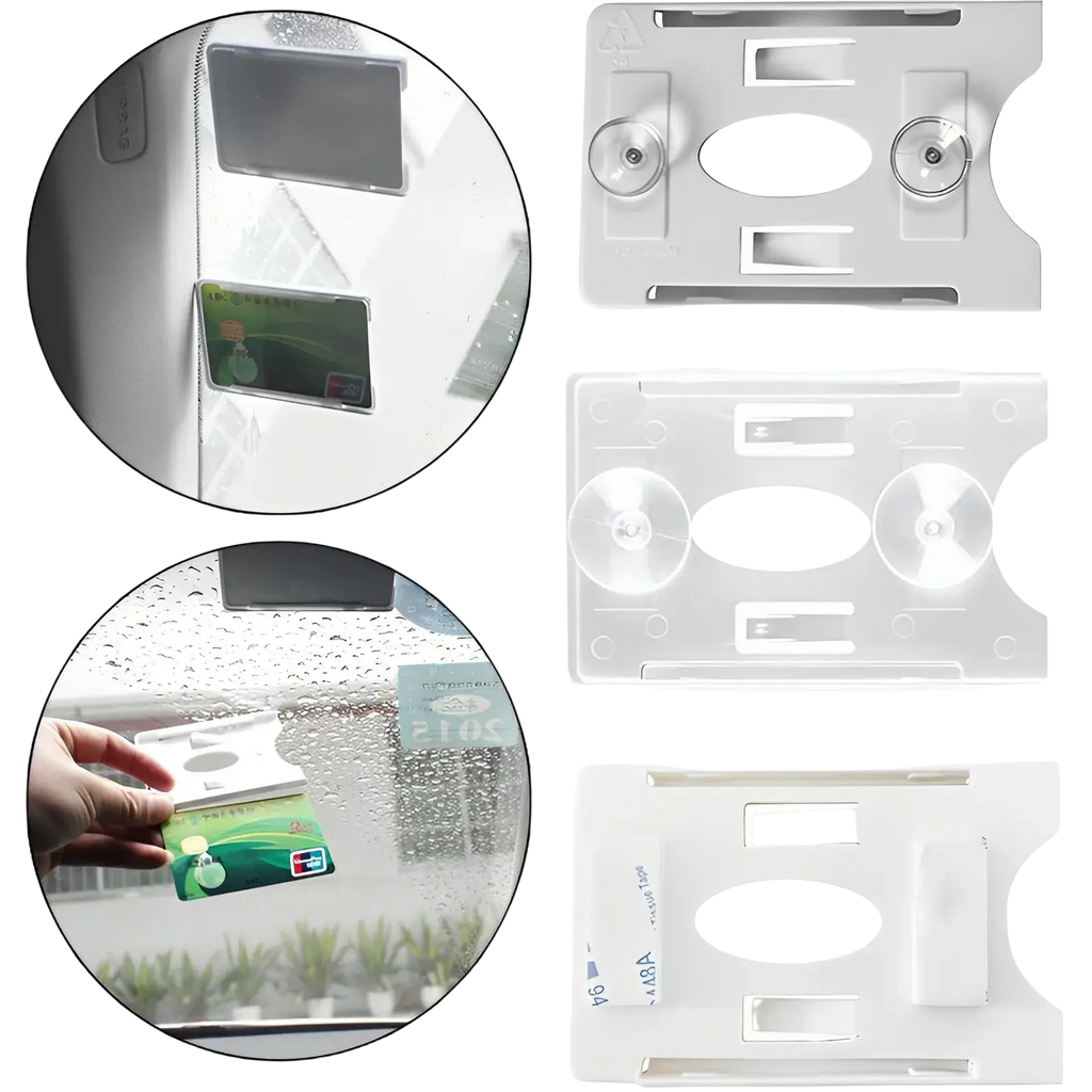 Clear and white suction cup windshield card holders with oval cutouts for auto parking tickets