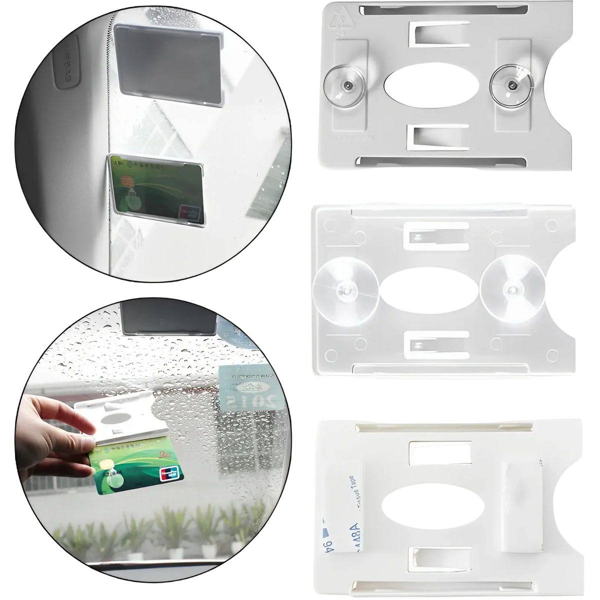Clear and white suction cup windshield card holders with oval cutouts for auto parking tickets