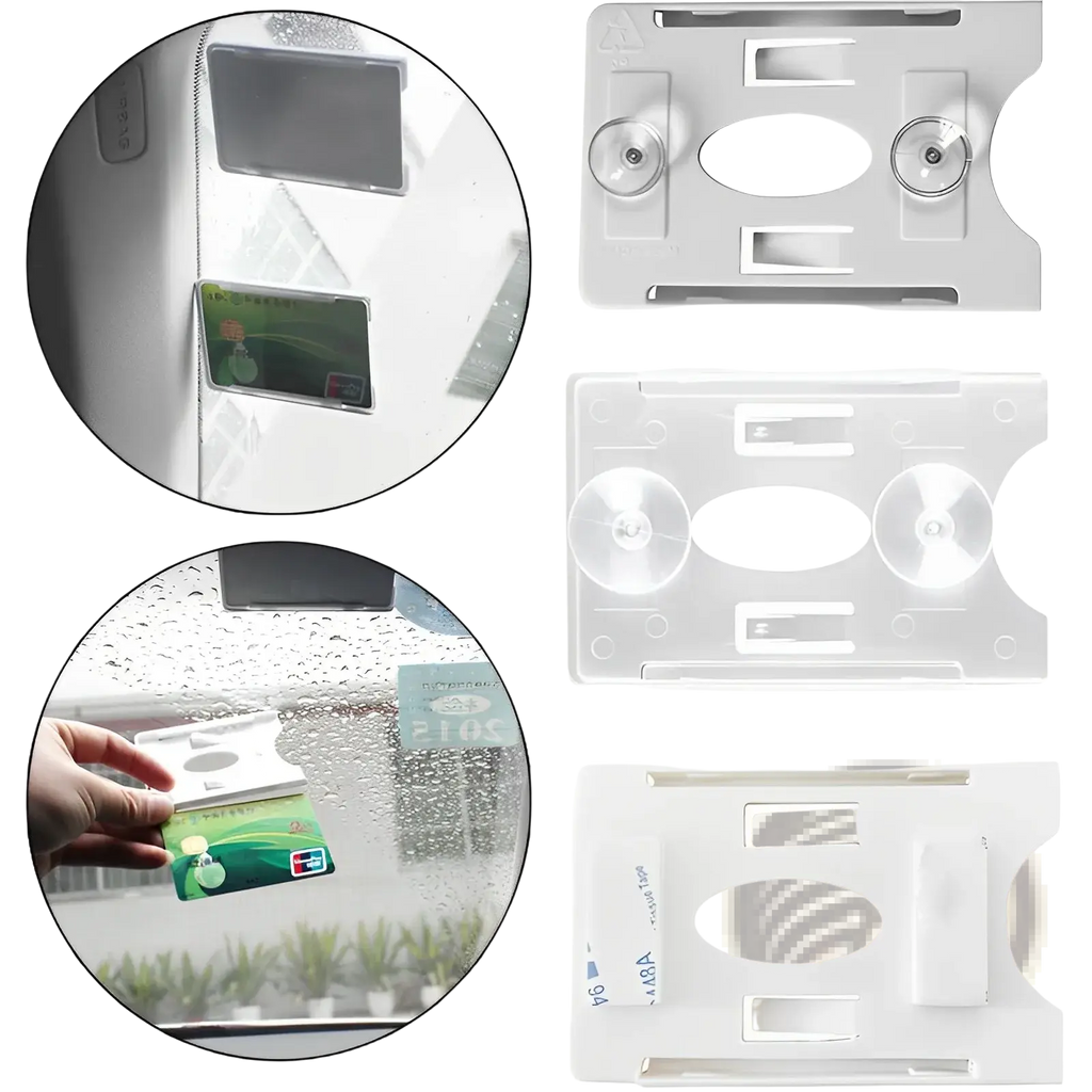 Clear and white suction cup windshield card holders with oval cutouts for auto parking tickets
