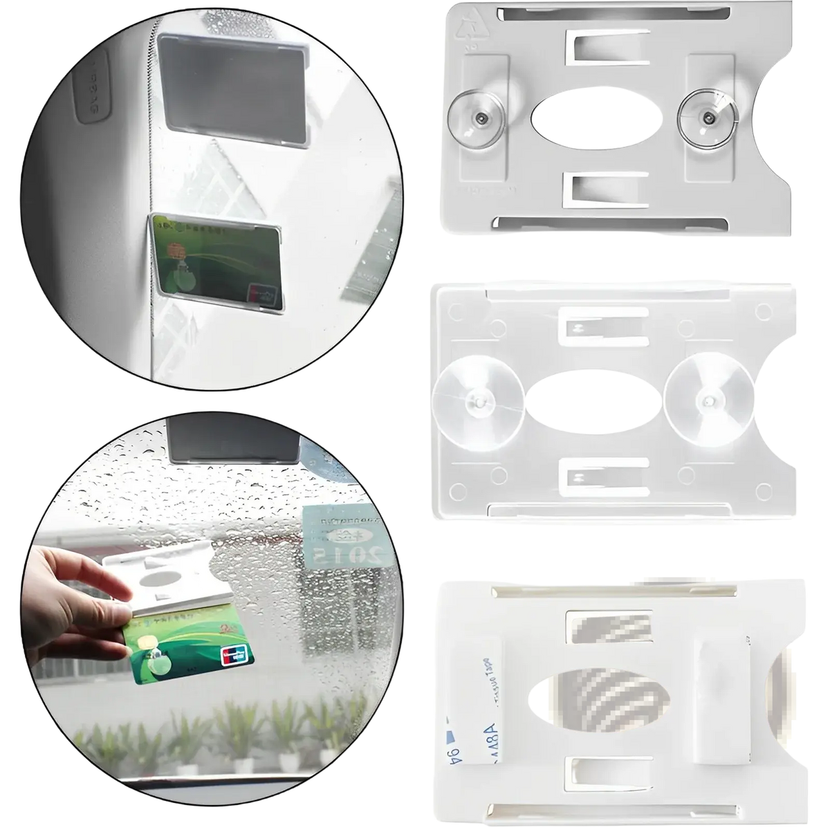 Clear and white suction cup windshield card holders with oval cutouts for auto parking tickets