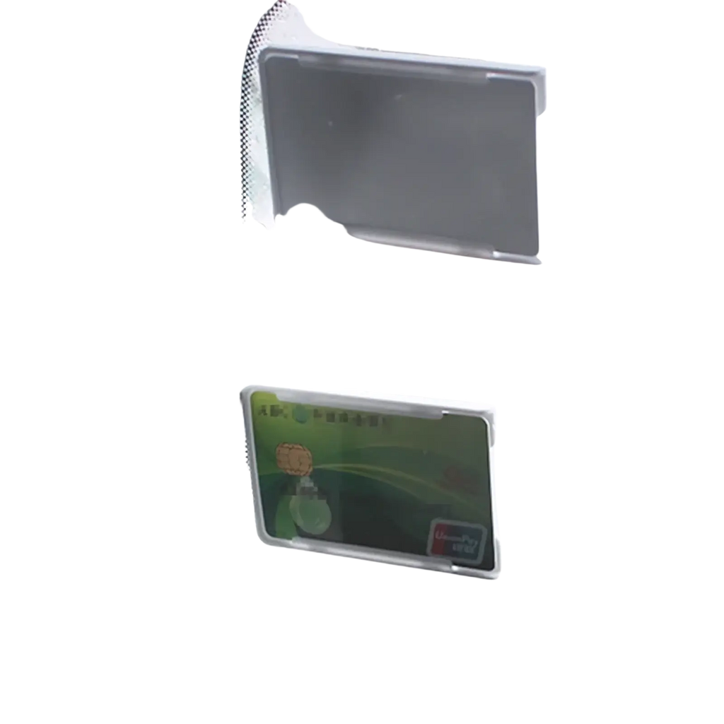 Windshield card holder for auto parking tickets made of transparent plastic with green and black design holding an id card