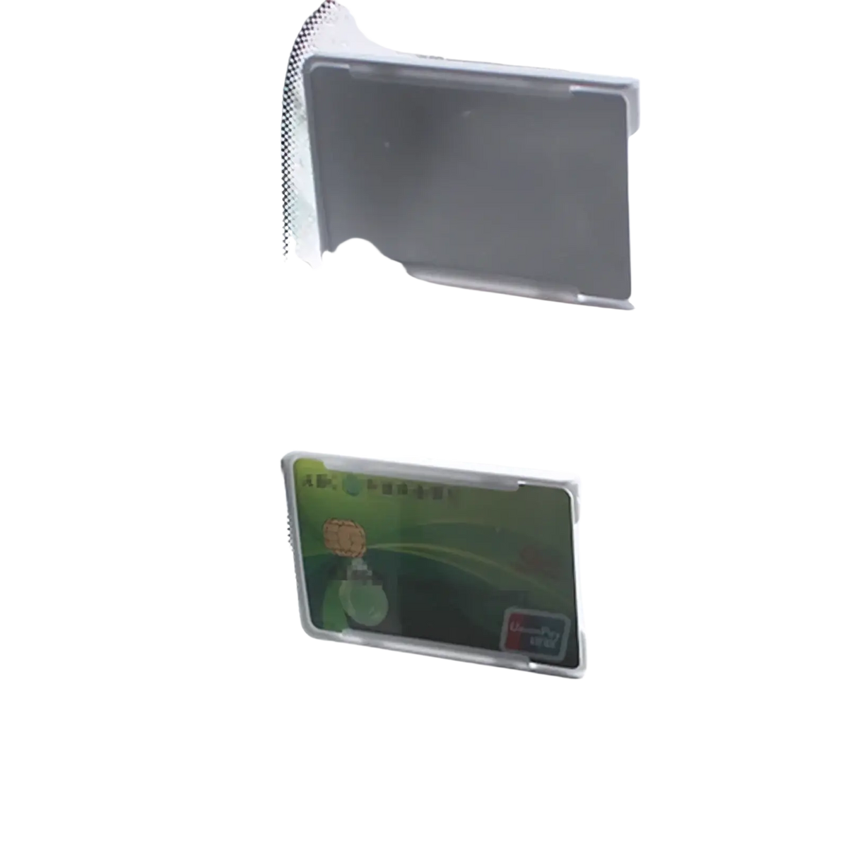 Windshield card holder for auto parking tickets made of transparent plastic with green and black design holding an id card