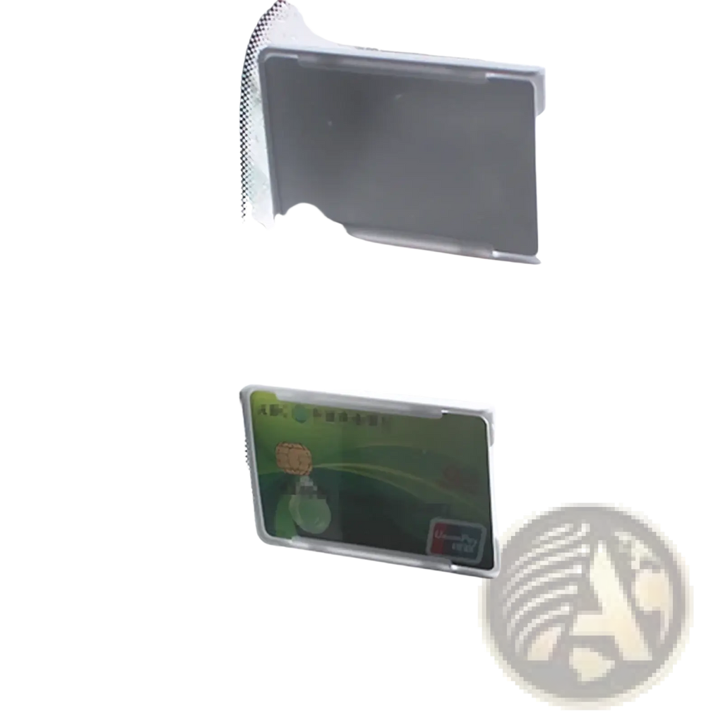 Windshield card holder for auto parking tickets made of transparent plastic with green and black design holding an id card