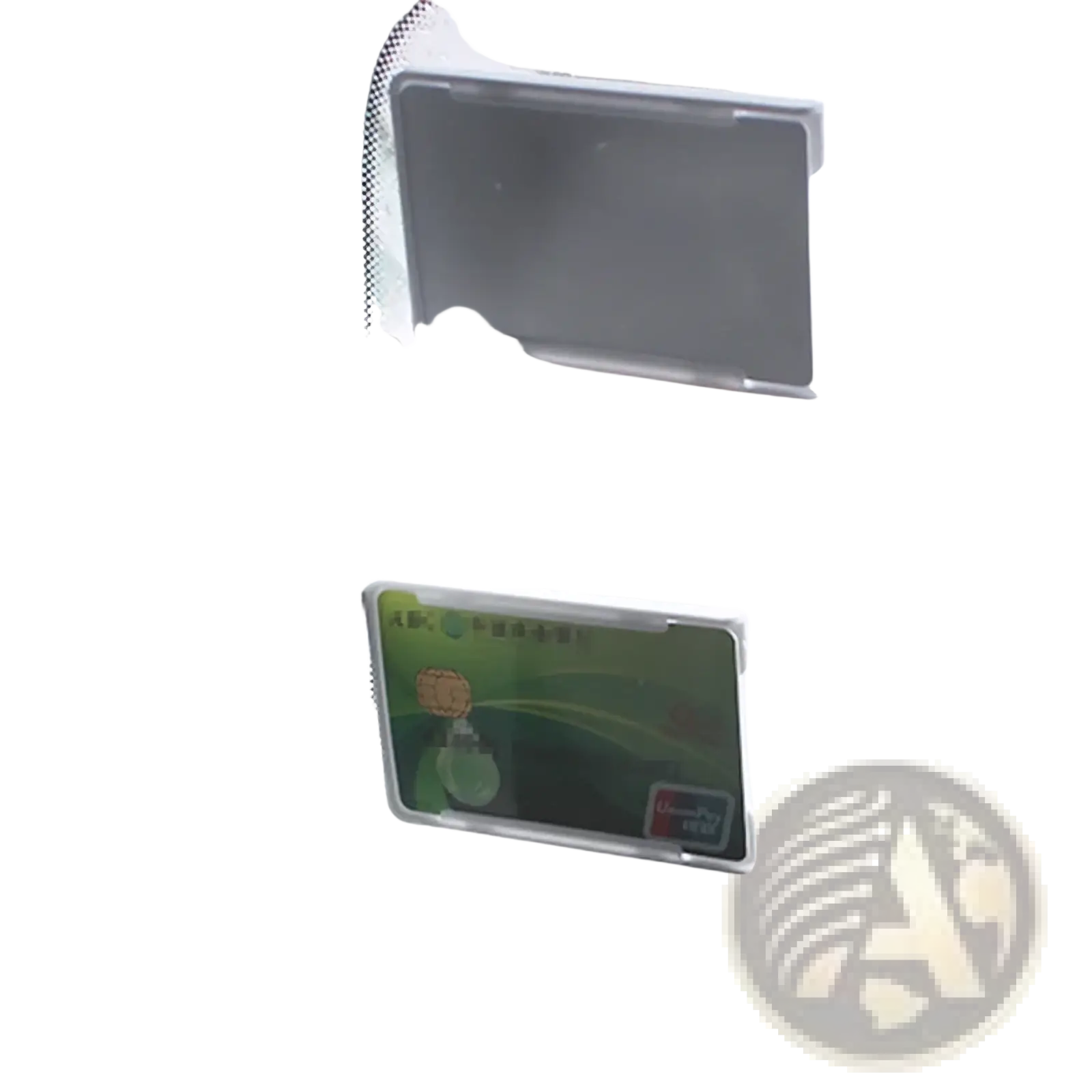 Windshield card holder for auto parking tickets made of transparent plastic with green and black design holding an id card