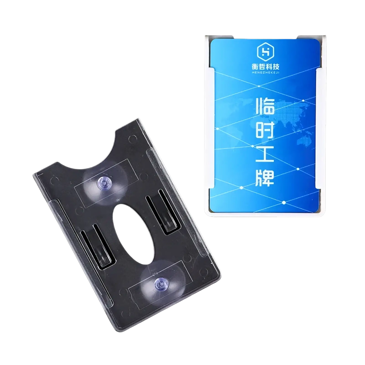 Transparent plastic windshield card holder with two suction cups and central slot for auto parking tickets