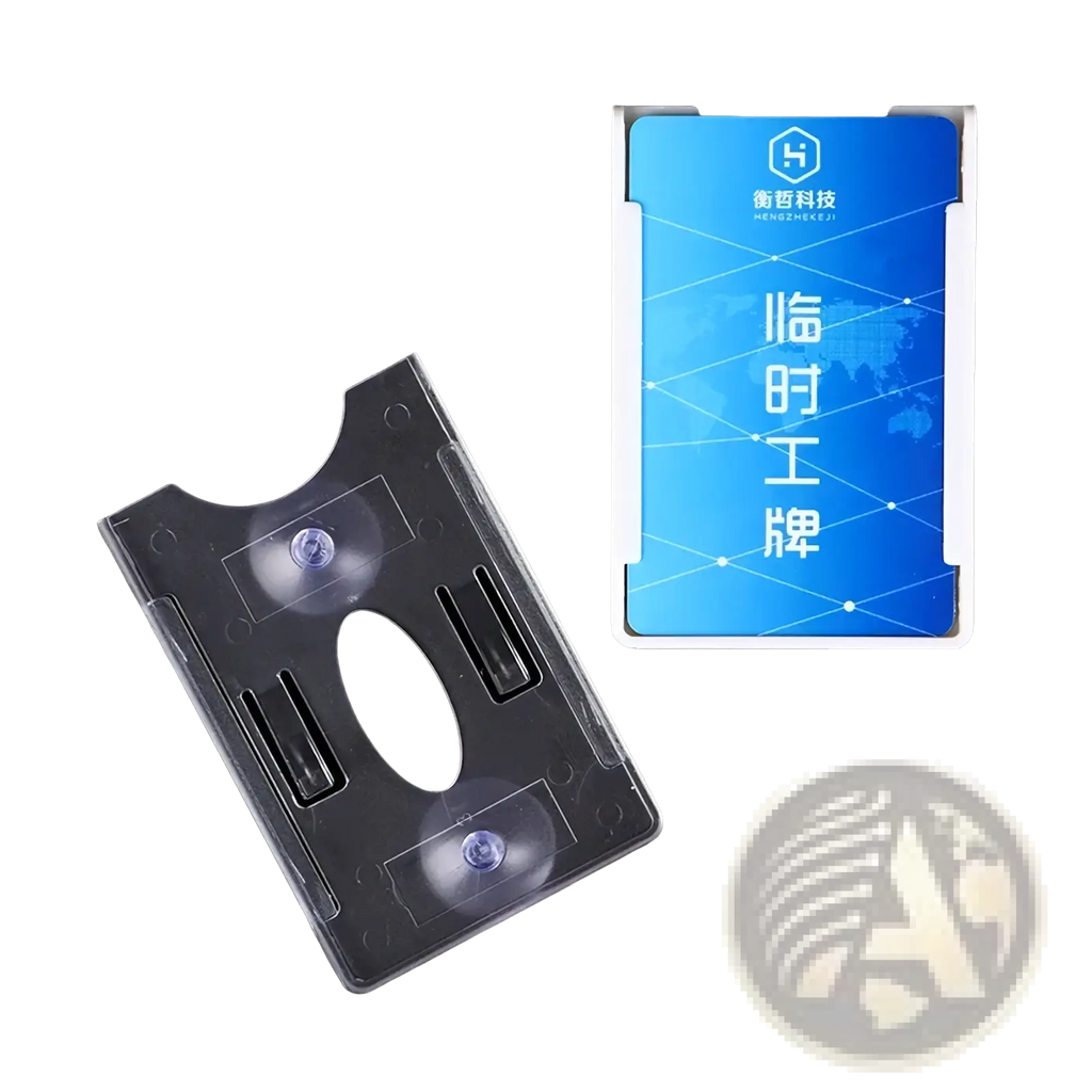 Transparent plastic windshield card holder with two suction cups and central slot for auto parking tickets
