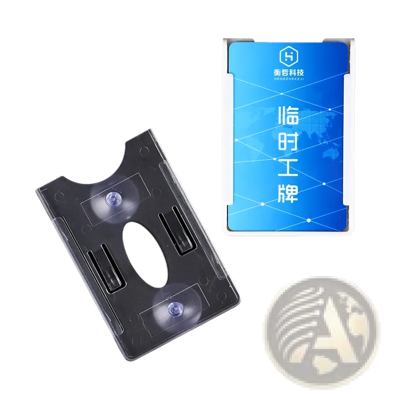 Transparent plastic windshield card holder with two suction cups and central slot for auto parking tickets