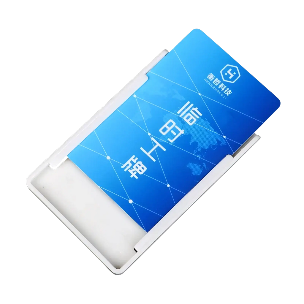 White plastic windshield card holder containing a blue card with white text and geometric design for auto parking tickets