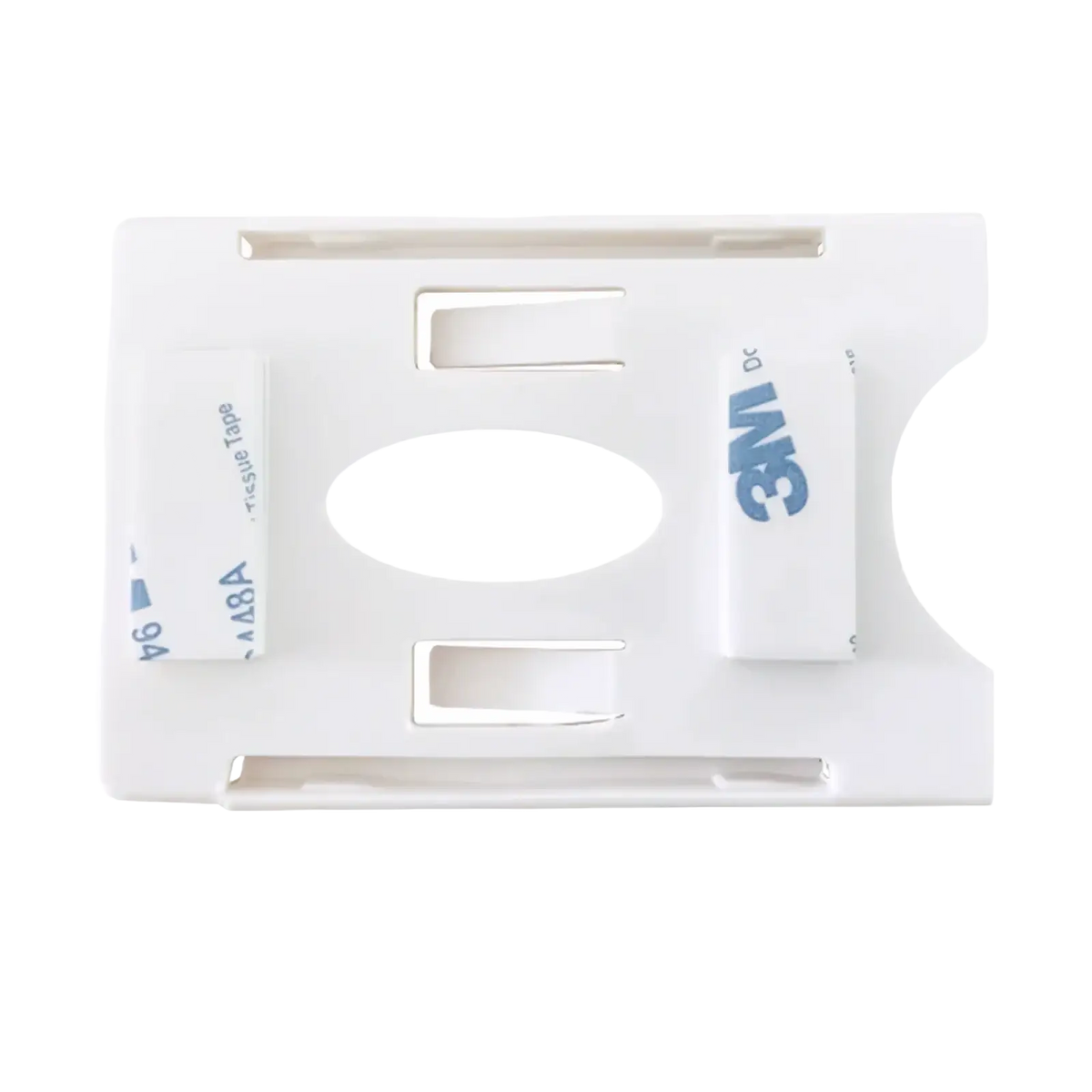 White plastic 3m adhesive mount with central oval cutout and slots for windshield card holder for auto parking tickets