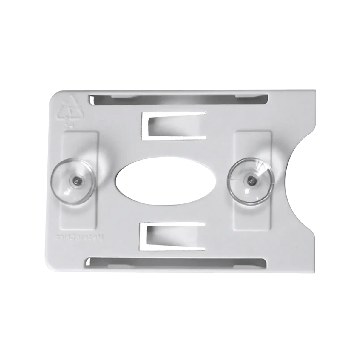 White plastic windshield card holder with two clear suction cups and central oval cutout for auto parking tickets
