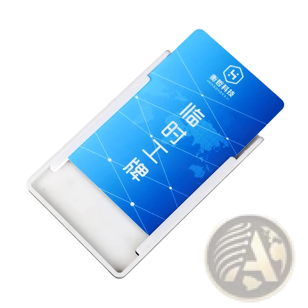 White plastic windshield card holder containing a blue card with white text and geometric design for auto parking tickets