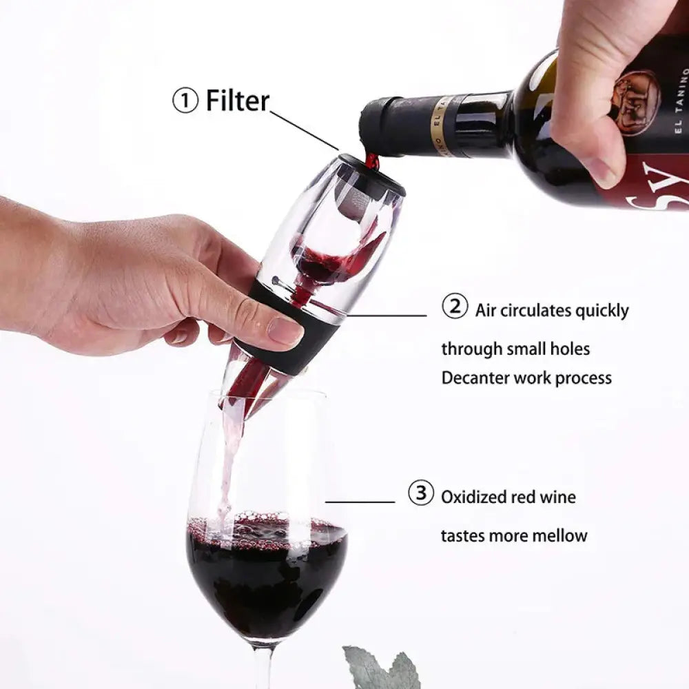 Clear glass portable wine aerator and decanter with black rubber seal and sediment filter for red wine aeration