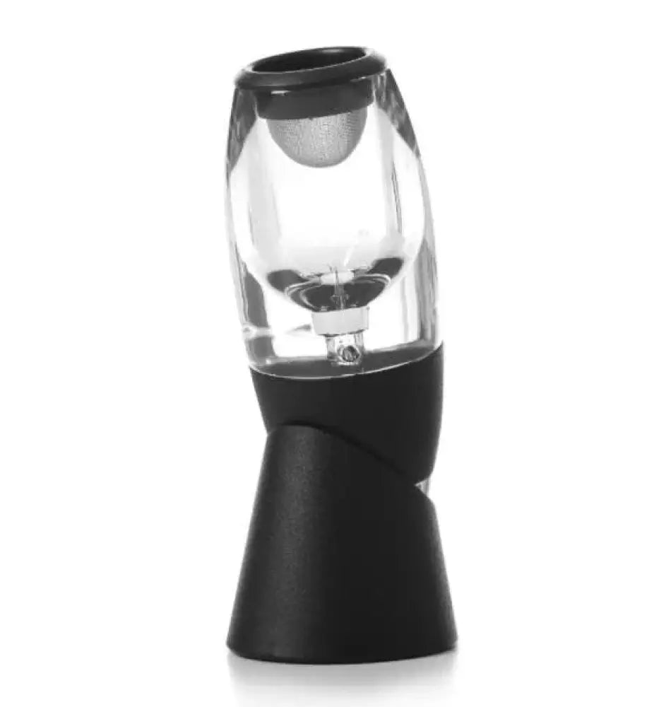 Portable glass wine aerator and decanter with sediment filter in black and clear glass featuring a sleek modern design