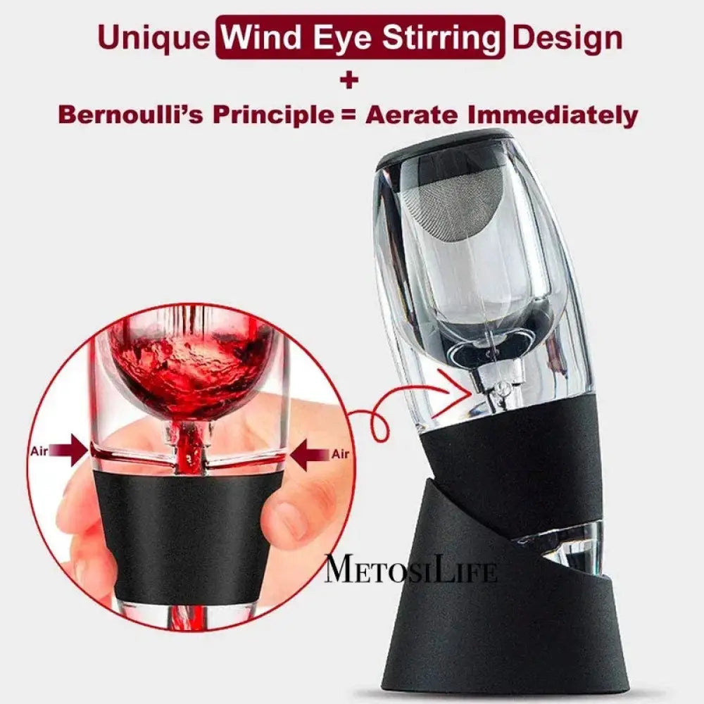 Portable glass wine aerator and decanter with clear glass body, black silicone grip, and wind eye stirring design