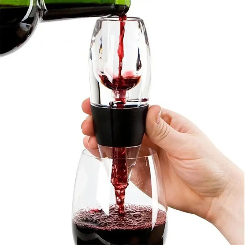 Clear glass portable wine aerator and decanter with black rubberized grip for elegant pouring and sediment filtration
