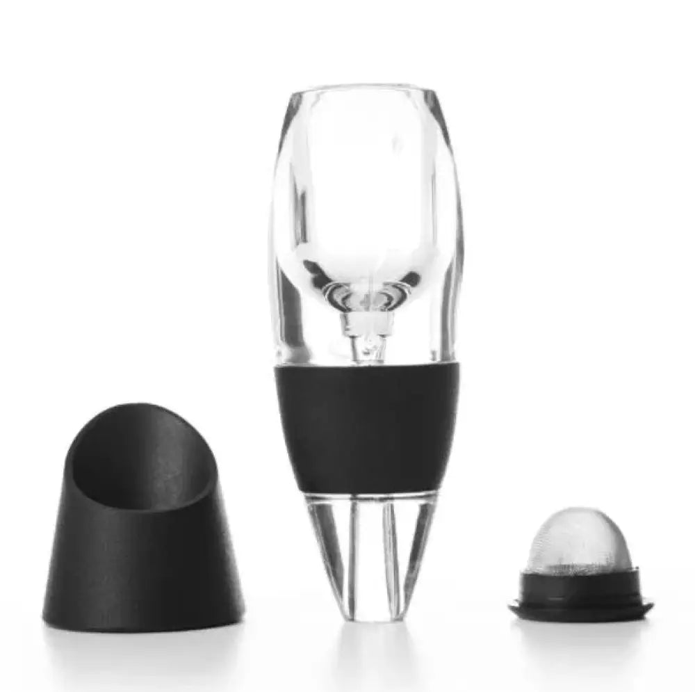 Portable glass wine aerator and decanter with clear glass, black silicone grip, removable components, and sediment filter