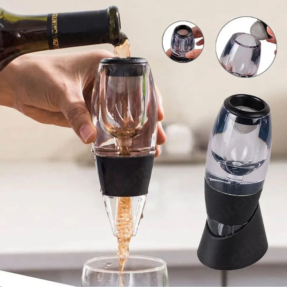 Portable clear glass wine aerator and decanter with black silicone base and built-in mesh sediment filter for oxygenation
