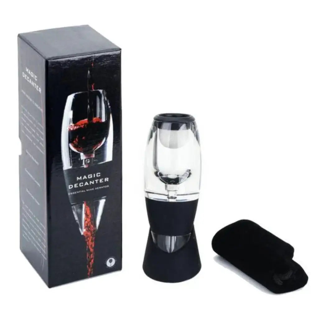 Clear glass portable wine aerator and decanter with black rubberized base and cap for essential wine aeration and sediment filtering