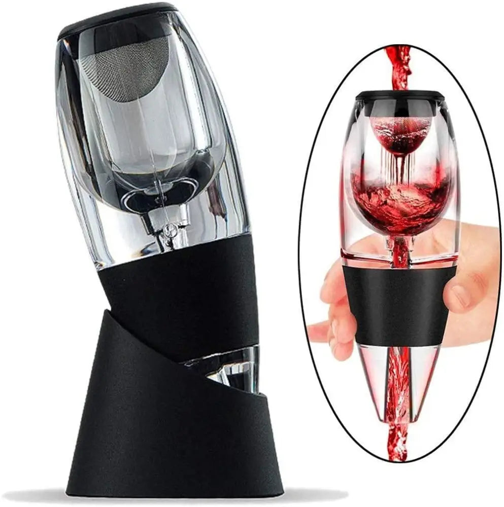 Clear glass portable wine decanter and aerator with black rubber grip and integrated mesh sediment filter