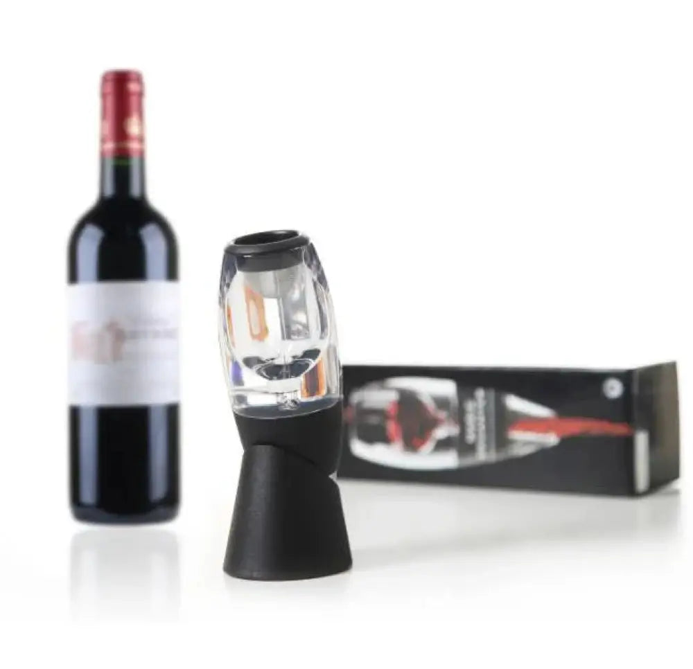 Portable glass wine aerator and decanter in black and clear glass with sleek modern design and sediment filter
