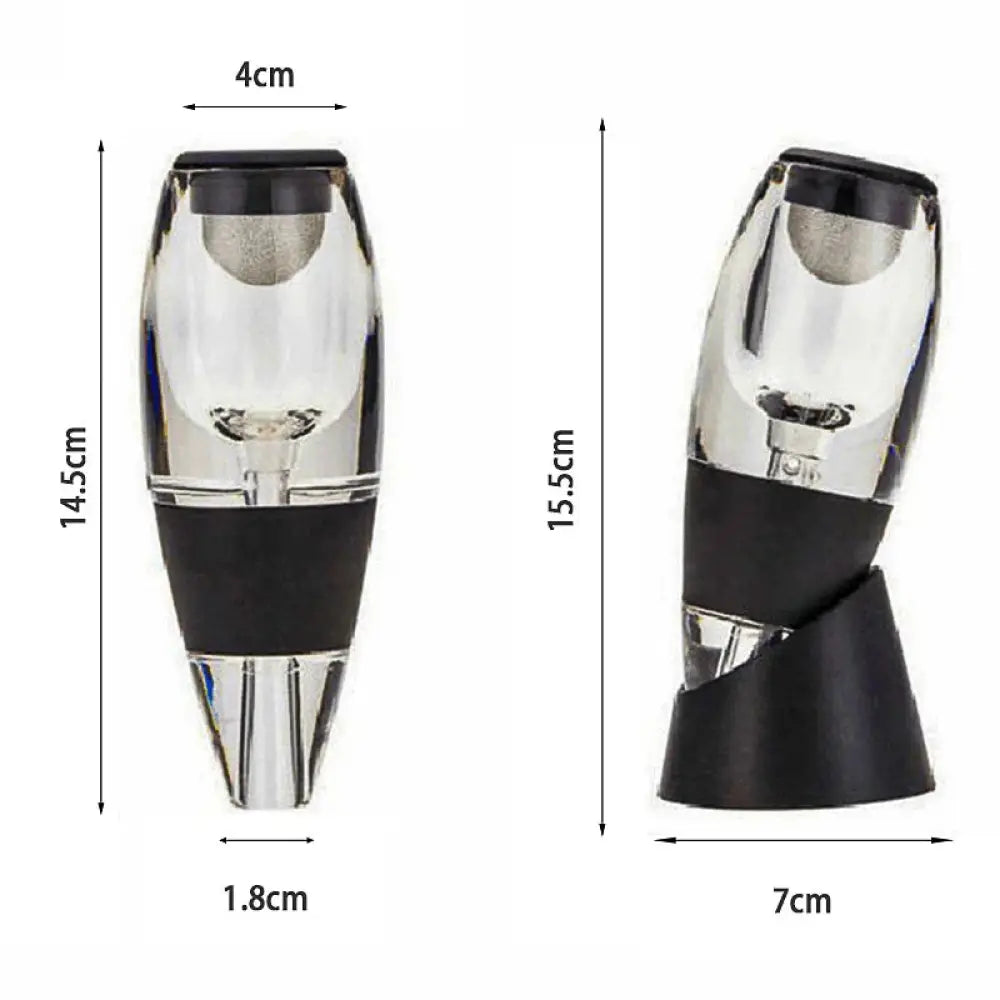 Portable glass wine aerator and decanter with clear glass body, black rubber grip, metallic base, and sediment filter