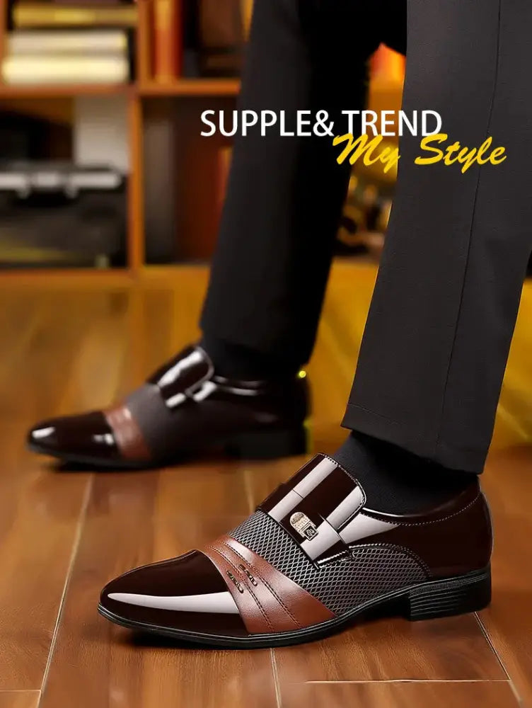 Men’s wine red patchwork leather buckle dress shoes with brown and black glossy finish, tan accents, and mesh panels