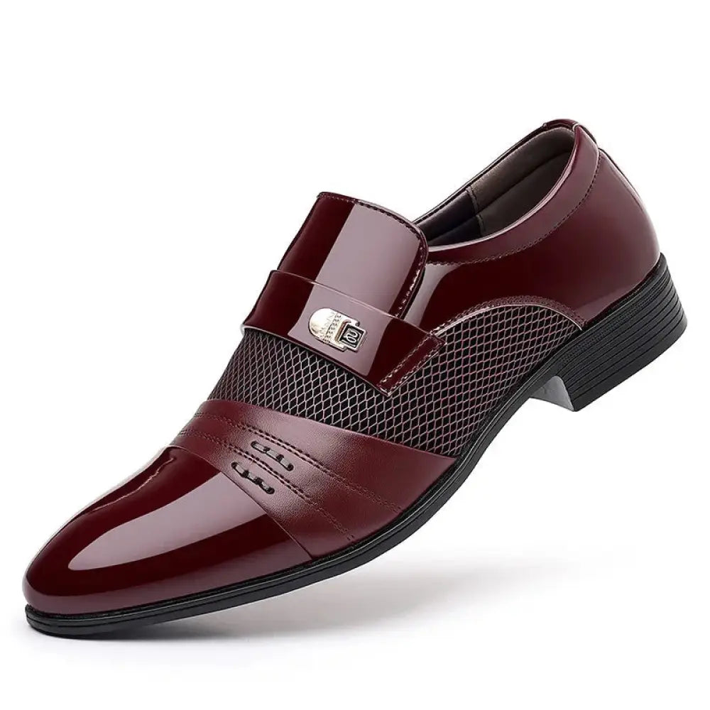 Men’s wine red patchwork leather dress shoe with burgundy patent leather slip-on design mesh panel and silver buckle