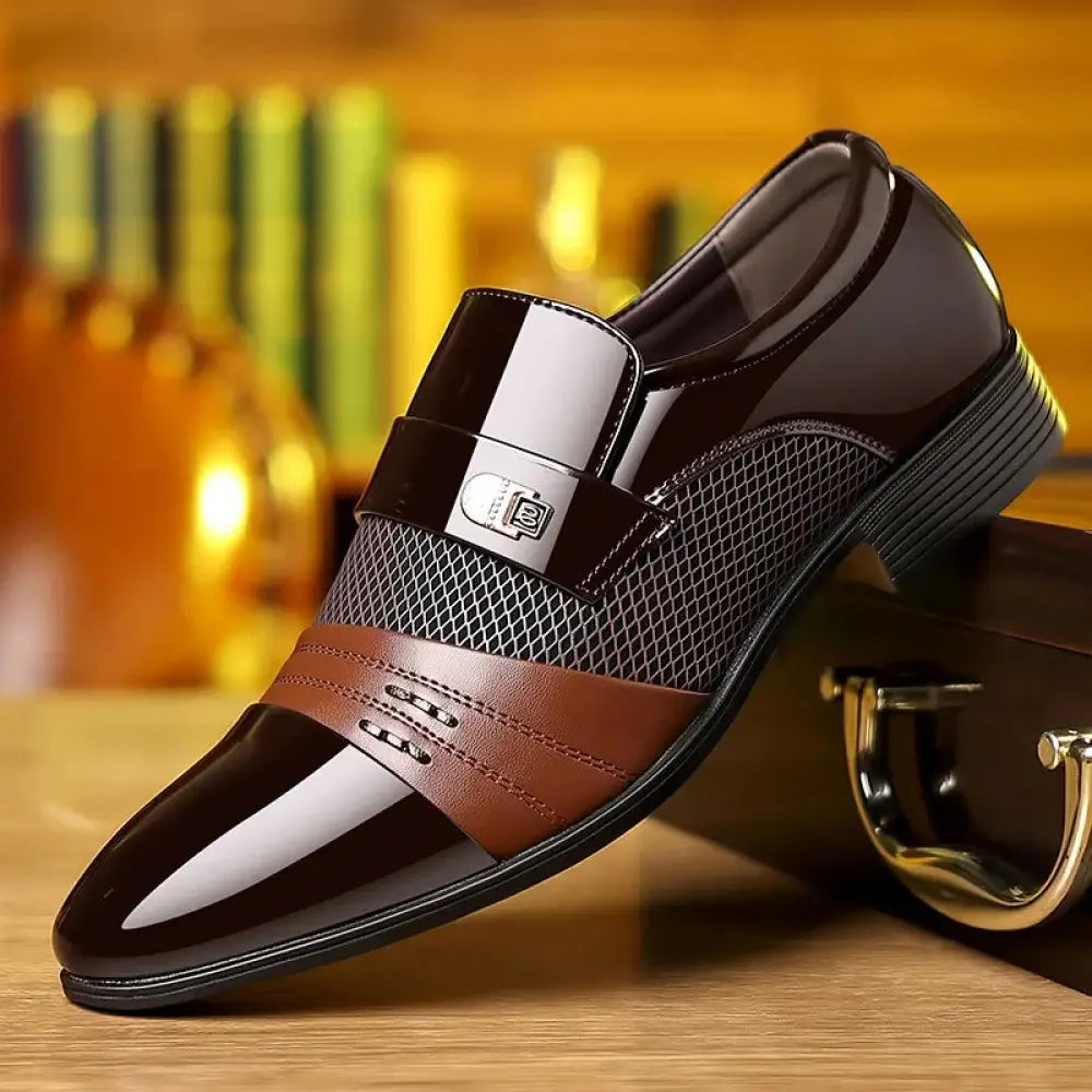 Men’s wine red patchwork leather dress shoe with shiny black and brown leather mesh panel silver buckle and pointed toe