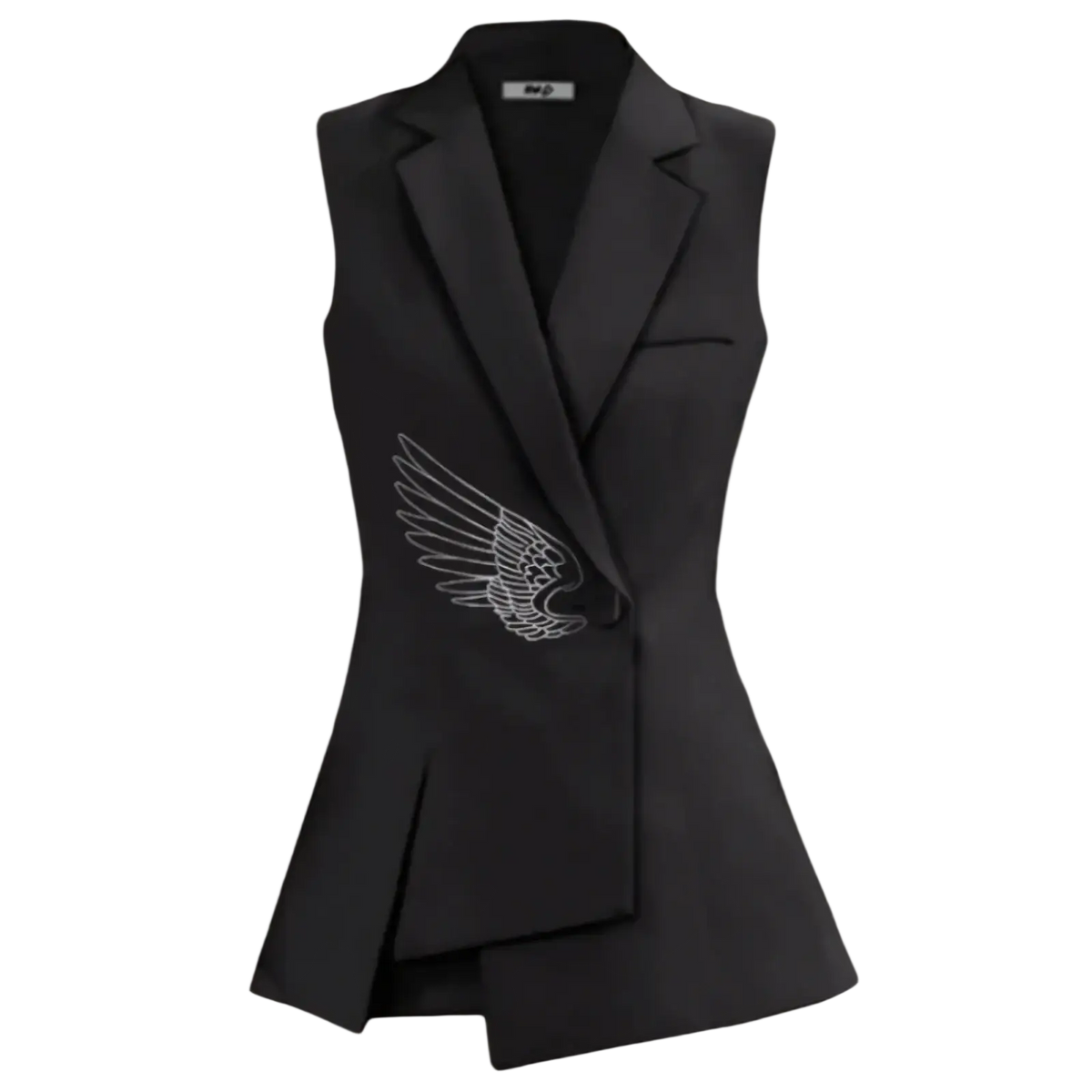 Black sleeveless blazer vest featuring a white embroidered wing design on the left side for stylish layering