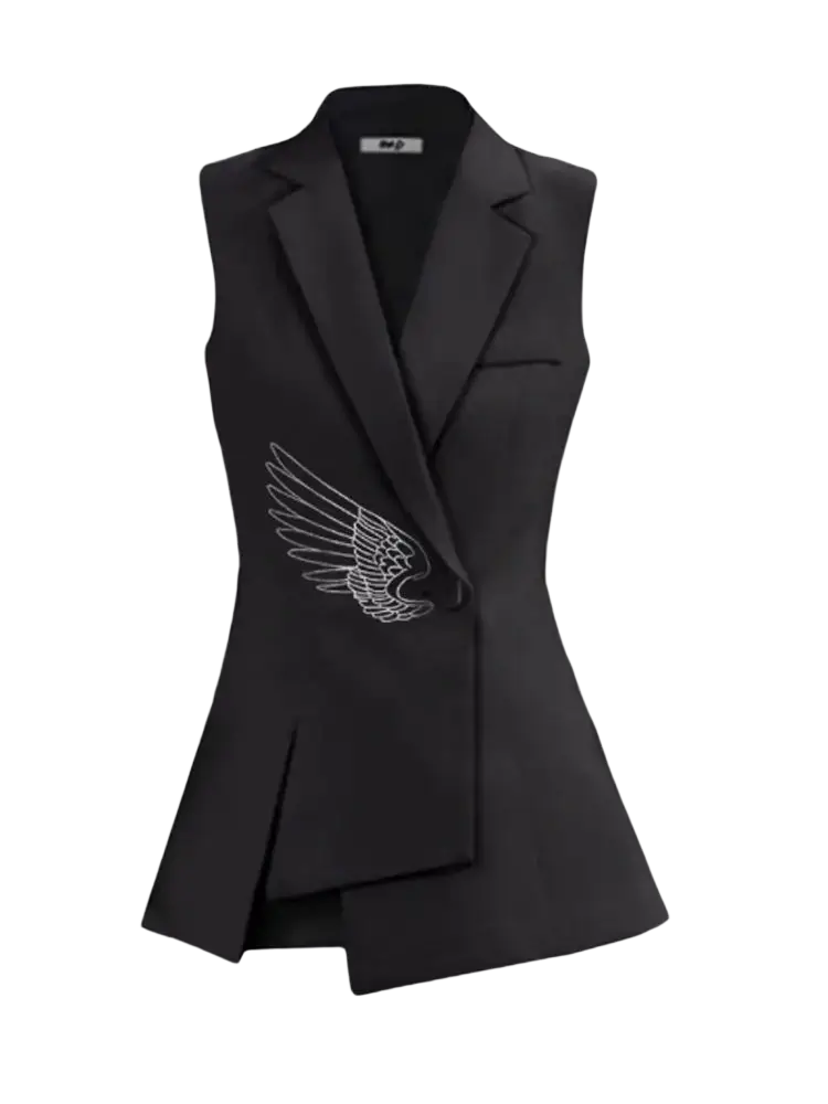Black sleeveless vest with white embroidered wing design on the left side suitable for stylish layering