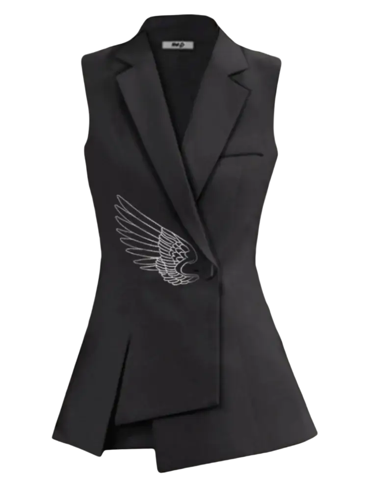 Black sleeveless blazer vest with white embroidered wing design on the left side, elegant and stylish outerwear