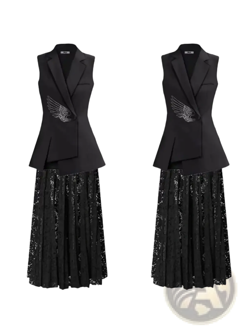 Black sleeveless blazer with silver wing embellishment paired with black sequined pleated skirt elegant evening wear