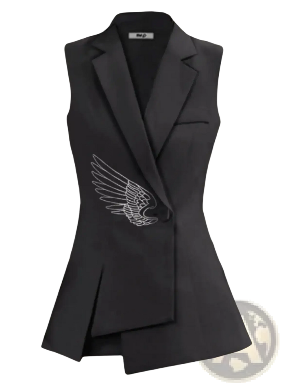 Black sleeveless blazer vest with white embroidered wing design on the left side, elegant and stylish outerwear