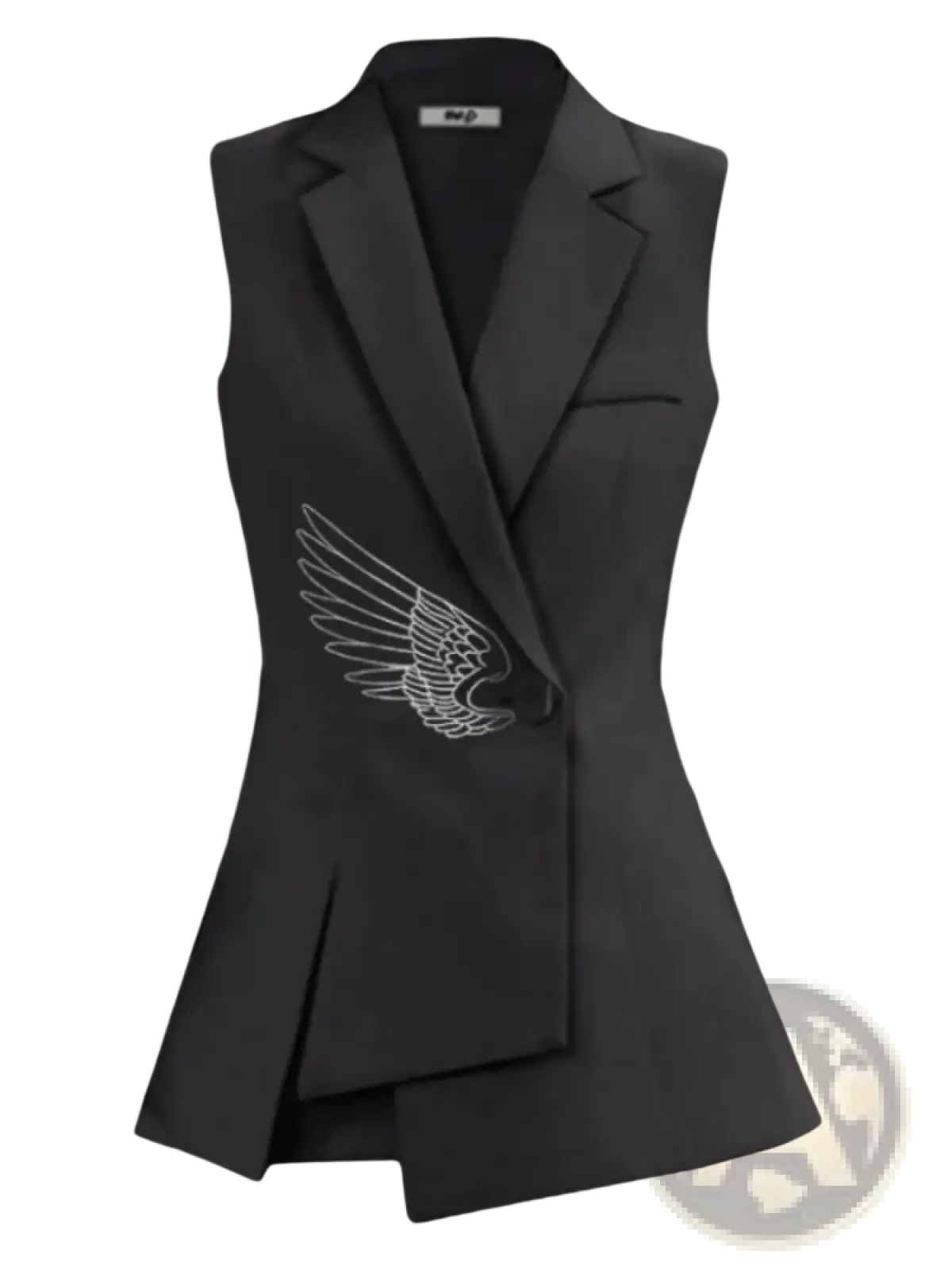 Black sleeveless blazer vest with white embroidered wing design on the left side, elegant and stylish outerwear