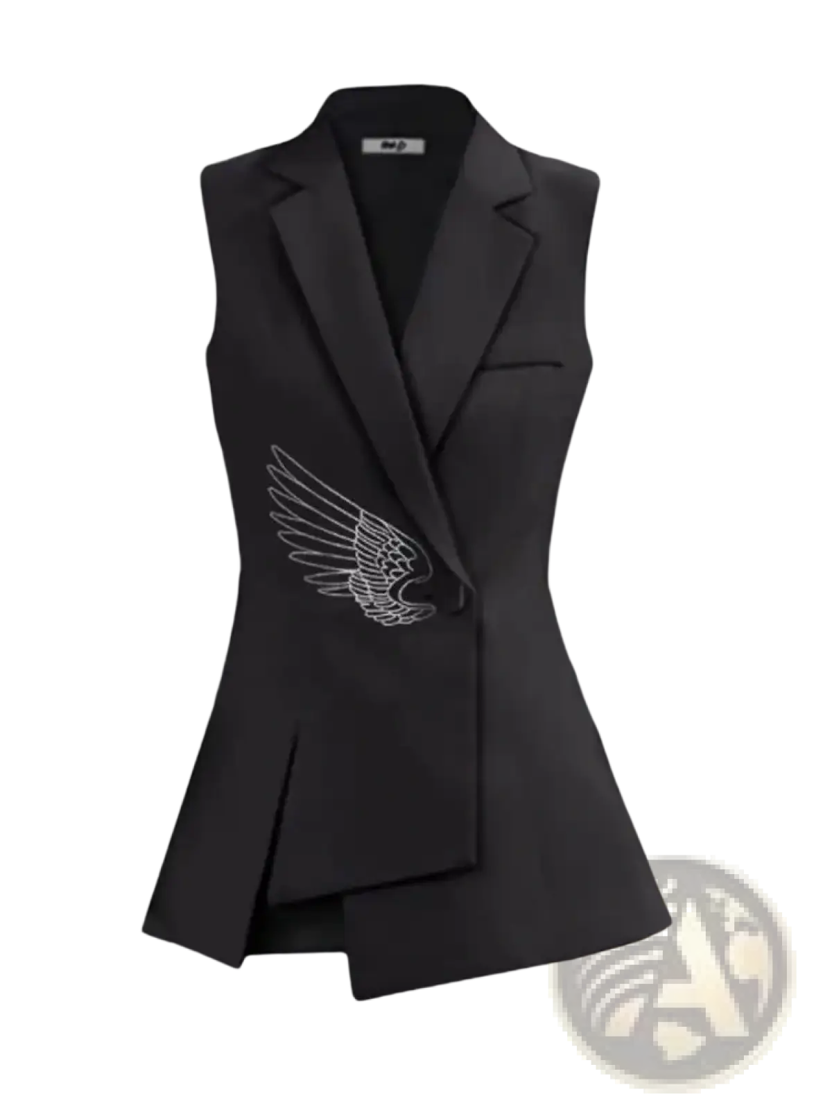 Black sleeveless vest with white embroidered wing design on the left side suitable for stylish layering
