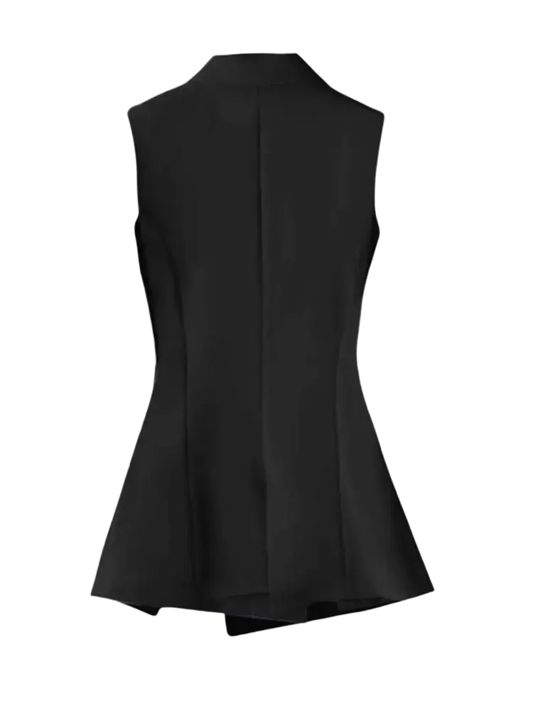 Black sleeveless peplum vest with wing embroidery and tailored structured back shown from the backside