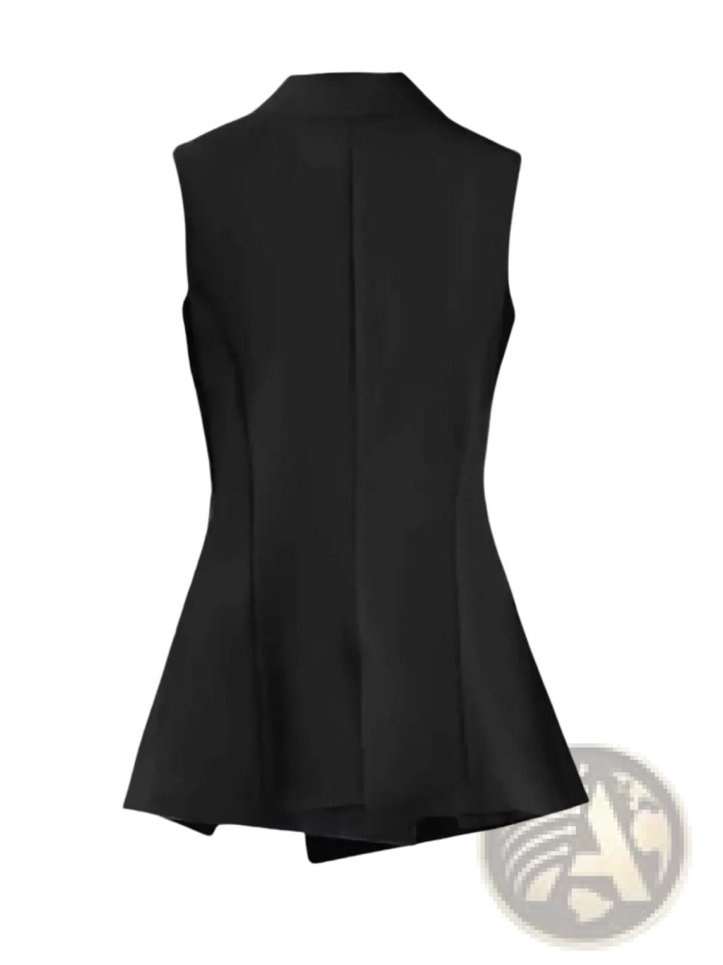Black sleeveless peplum vest with wing embroidery and tailored structured back shown from the backside