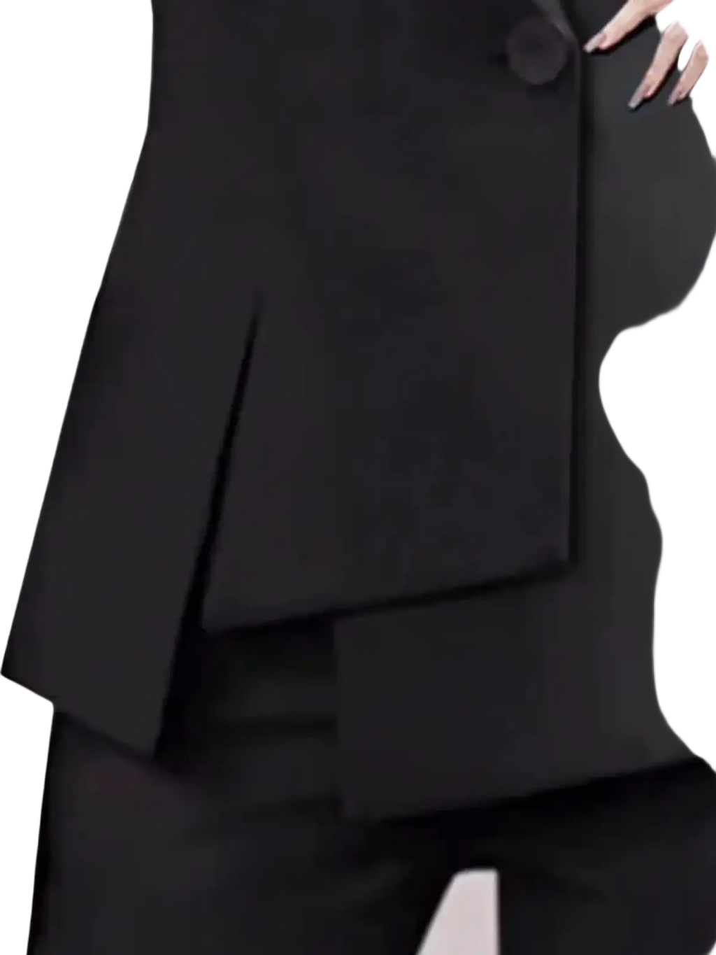 Black tailored blazer with layered asymmetrical pleats and single button closure featured in wing embroidered black sleeveless vest collection