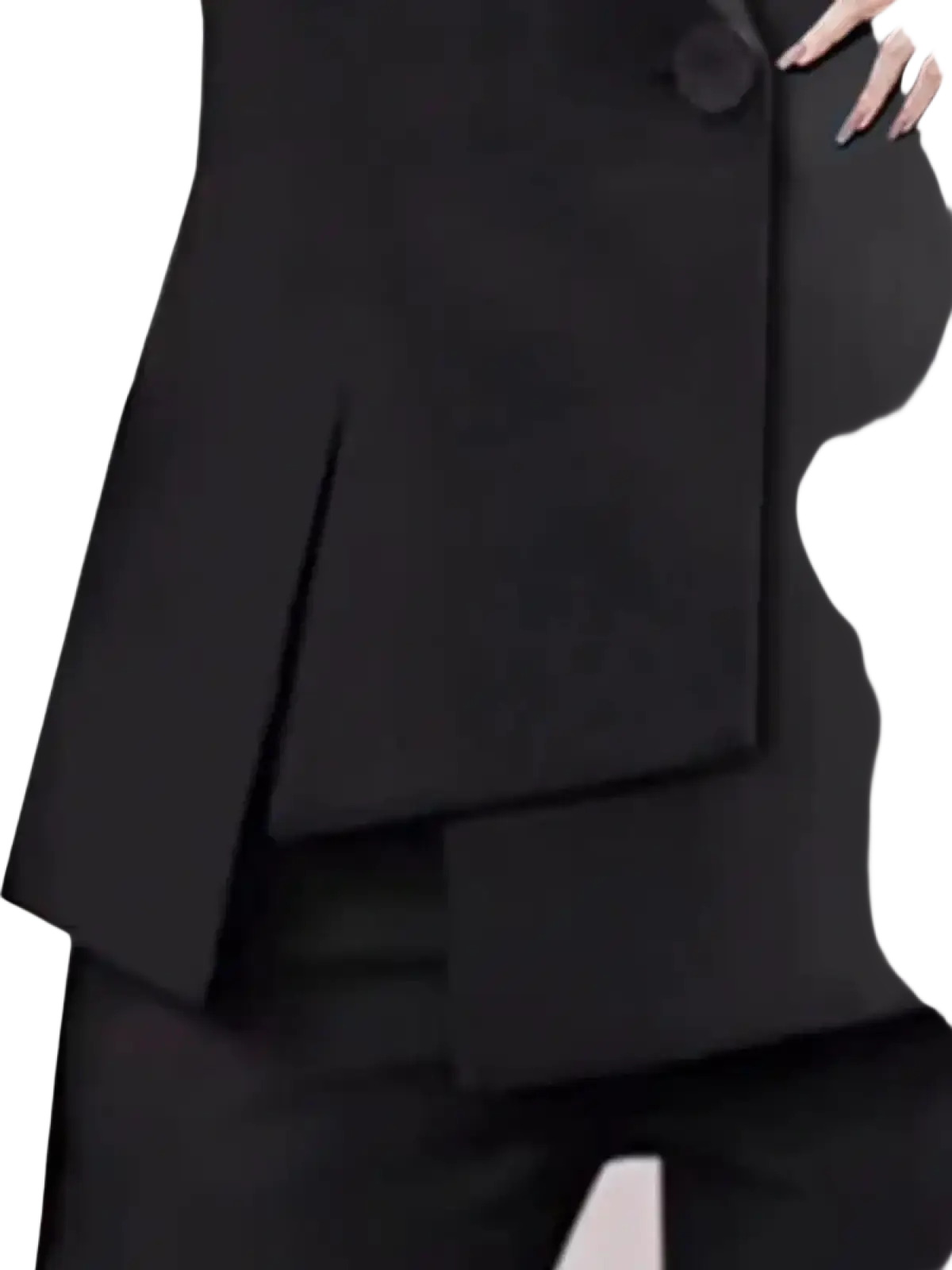 Black tailored blazer with layered asymmetrical pleats and single button closure featured in wing embroidered black sleeveless vest collection
