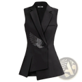 Black sleeveless blazer vest featuring a white embroidered wing design on the left side for stylish layering
