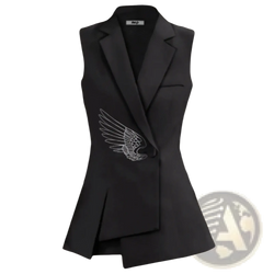 Black sleeveless blazer vest featuring a white embroidered wing design on the left side for stylish layering