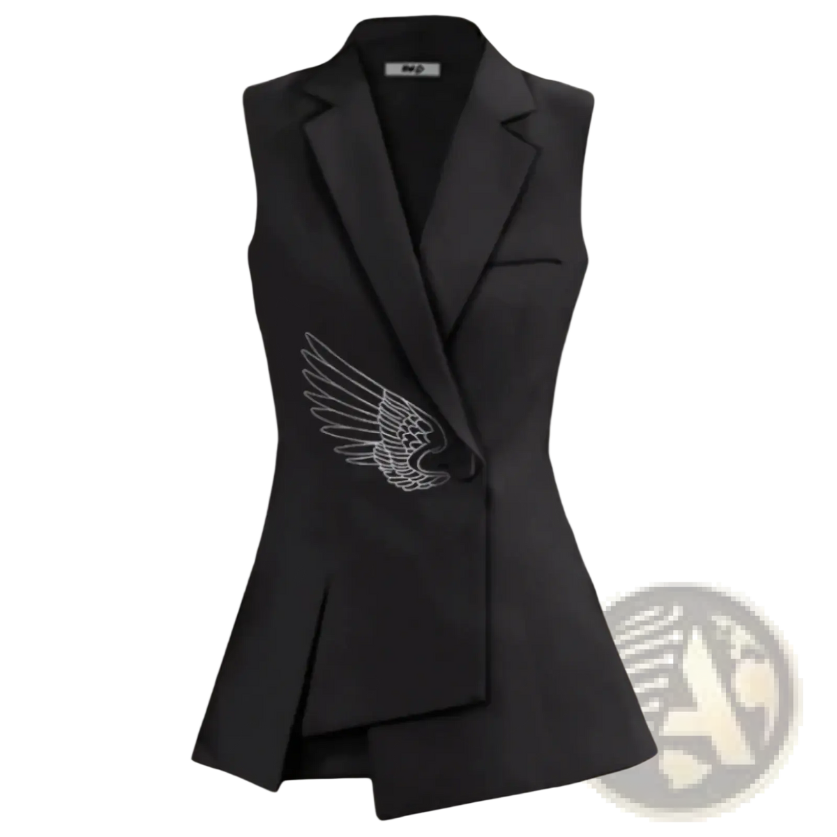 Black sleeveless blazer vest featuring a white embroidered wing design on the left side for stylish layering