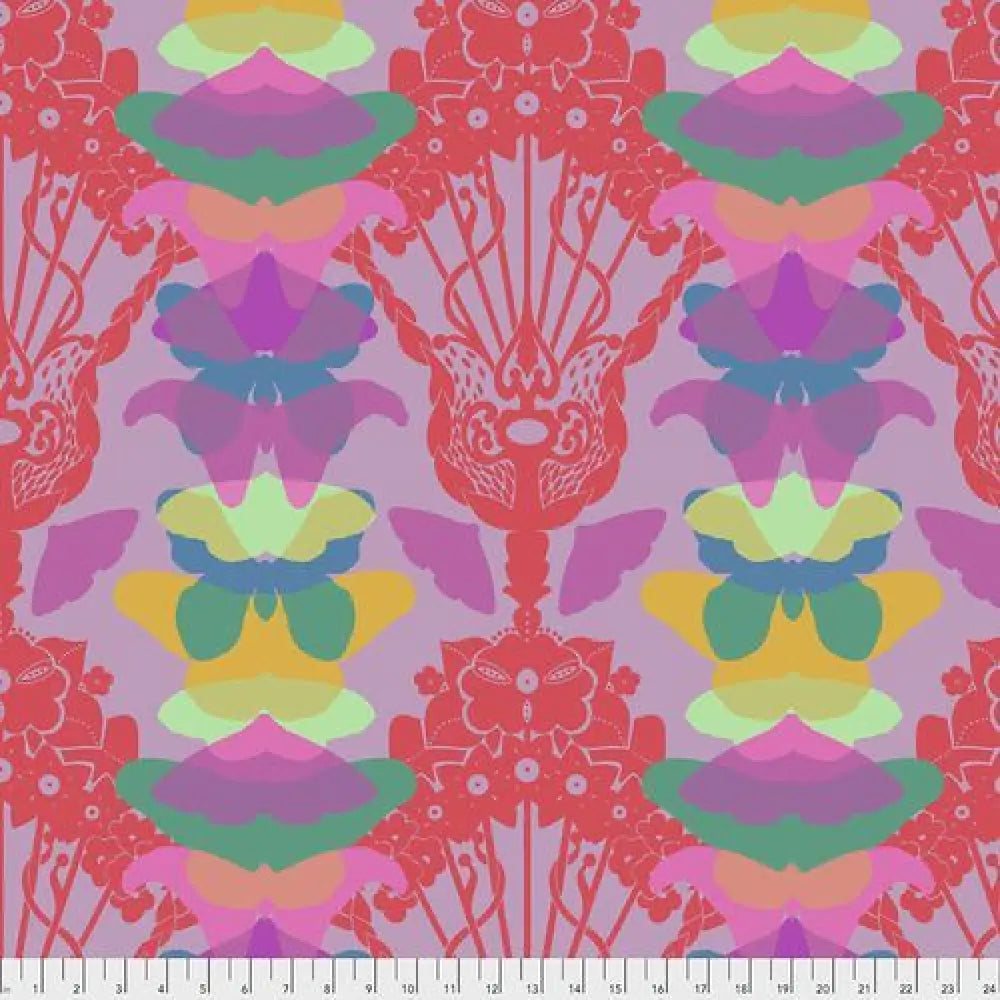 Vibrant wings in lilac cotton fabric with symmetrical floral and butterfly patterns in pink purple green and yellow