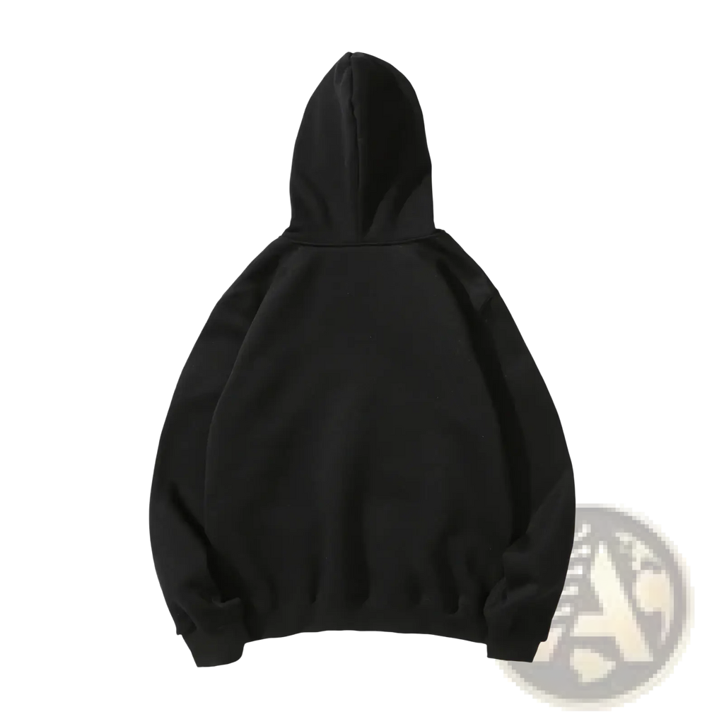 Black hooded sweatshirt with relaxed fit and ribbed cuffs featuring winnie the pooh eeyore fleece design