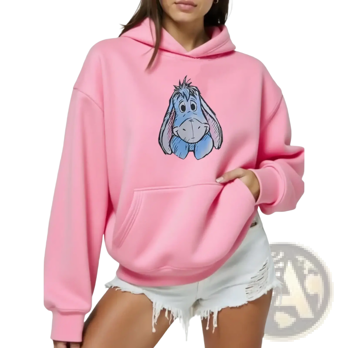 Pink fleece hoodie featuring a blue eeyore graphic on the front from winnie the pooh collection