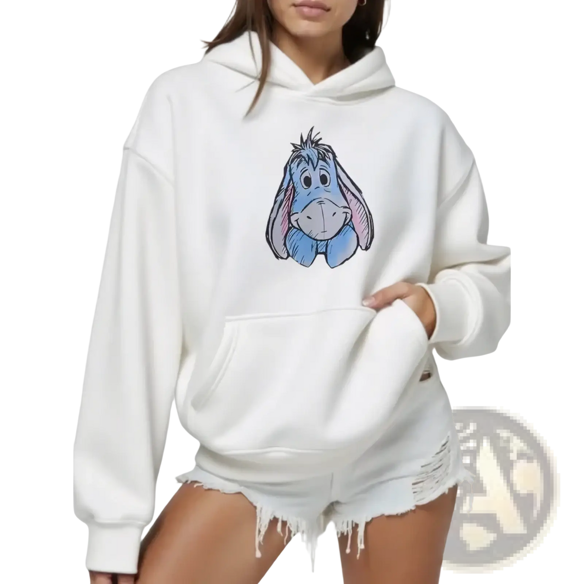White oversized fleece hoodie featuring a colorful eeyore graphic on the chest from winnie the pooh collection