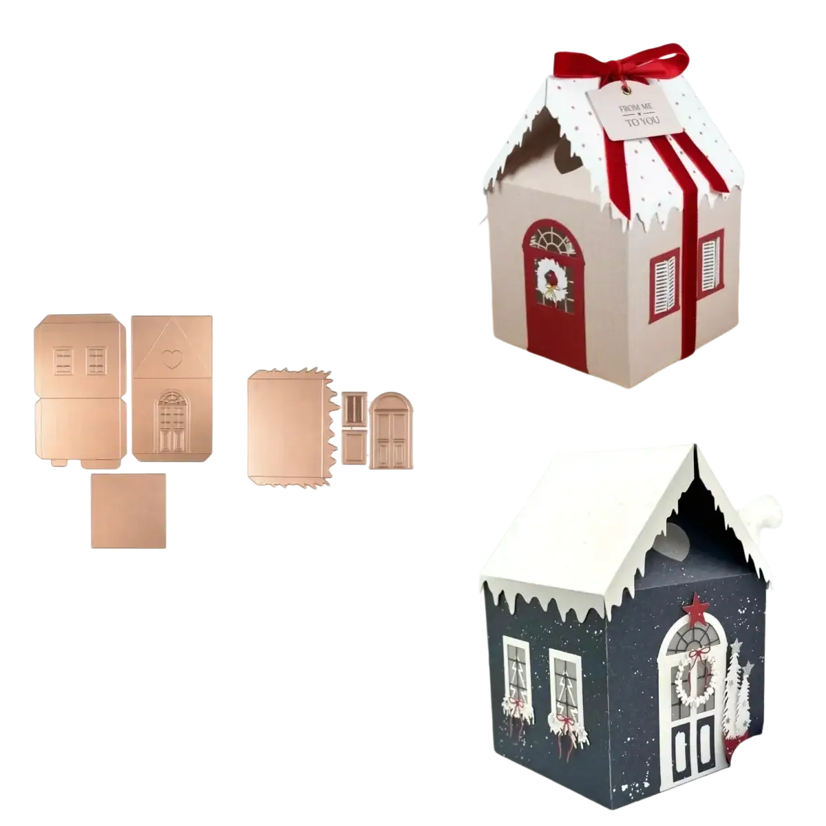 A festive gingerbread house-shaped metal cutting die with red ribbon and snowflake trim for winter scrapbooking