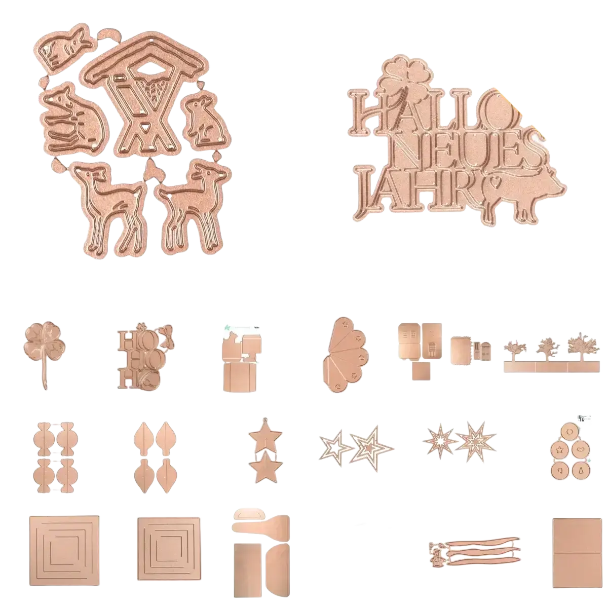 Rose gold metal cutting dies featuring winter animal holiday and geometric shapes for scrapbooking craft projects