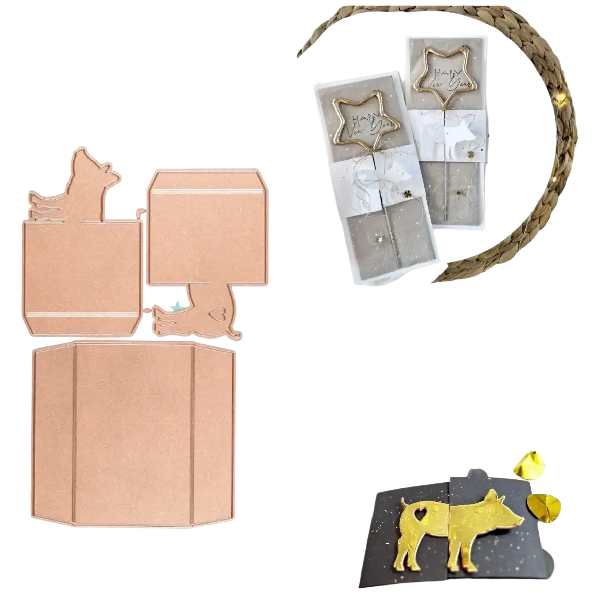 Rose gold metal die-cutting kit featuring dog and box designs for winter animal scrapbooking projects