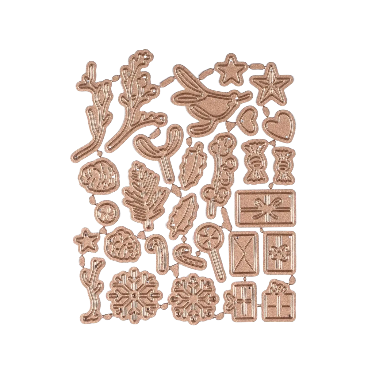 Rose gold metal winter animal cutting dies with festive birds stars snowflakes gifts and candy canes for scrapbooking